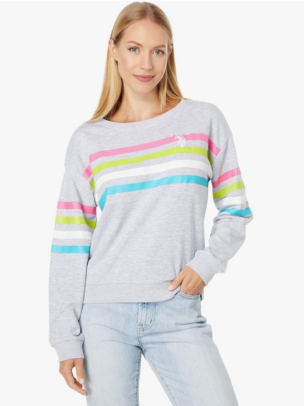 U.S. Polo Assn. Heather Light Grey Stripe Logo Pullover